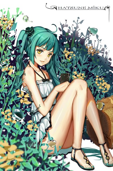 Anime picture 620x936 with vocaloid hatsune miku soulkiller (brz) single tall image looking at viewer blush light erotic sitting twintails yellow eyes very long hair green hair bare legs character names hat removed girl dress hair ornament flower (flowers)