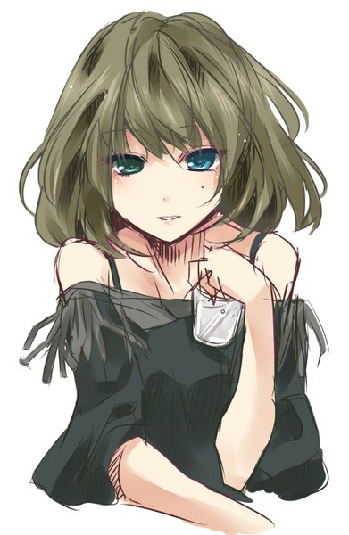 Anime picture 914x1400 with idolmaster idolmaster cinderella girls takagaki kaede paopao (artist) single tall image looking at viewer fringe highres short hair blue eyes simple background white background green eyes green hair mole wide sleeves mole under eye heterochromia close-up