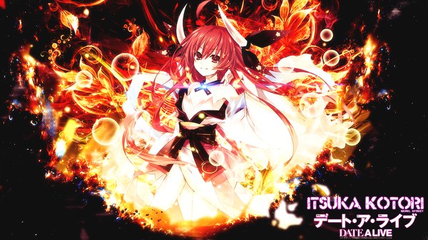 Anime picture 1366x768 with date a live itsuka kotori tammypain single long hair looking at viewer smile red eyes wide image red hair horn (horns) inscription dark background girl dress detached sleeves fire