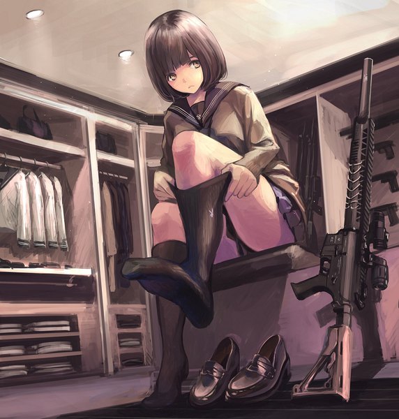 Anime picture 894x938 with original koh (minagi kou) single tall image fringe short hair brown hair sitting brown eyes looking away full body bent knee (knees) indoors blunt bangs pleated skirt no shoes leg lift (legs lift) backlighting shoes removed bob cut