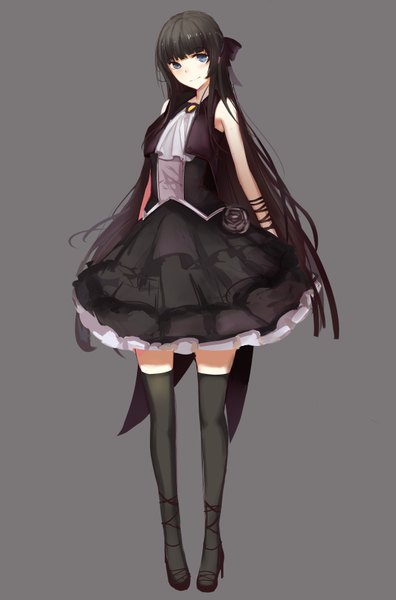 Anime picture 552x836 with original h.l. single long hair tall image fringe blue eyes black hair simple background smile standing bare shoulders grey background girl thighhighs flower (flowers) ribbon (ribbons) black thighhighs hair ribbon rose (roses)