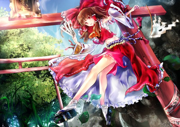 Anime picture 1327x938 with touhou hakurei reimu renon (tenle) single long hair open mouth red eyes brown hair traditional clothes legs miko girl skirt bow plant (plants) hair bow detached sleeves tree (trees) skirt set torii