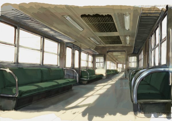 Anime picture 1413x1000 with original cosmic (crownclowncosmic) shadow no people train interior train