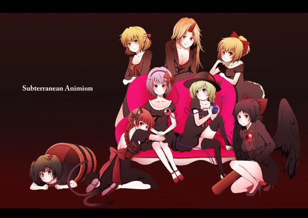 Anime picture 1500x1061 with touhou komeiji koishi komeiji satori reiuji utsuho kaenbyou rin mizuhashi parsee hoshiguma yuugi kurodani yamame kisume tama (silvercake) long hair short hair black hair simple background blonde hair red eyes multiple girls green eyes animal ears pink hair