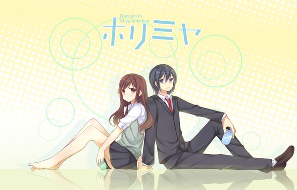 Anime picture 1400x900 with hori-san to miyamura-kun hori kyouko miyamura izumi amemiya ruki long hair looking at viewer short hair blue eyes black hair brown hair brown eyes legs couple girl boy skirt uniform school uniform glasses