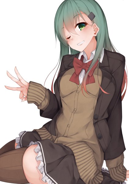 Anime picture 1119x1592 with kantai collection suzuya heavy cruiser waterdog single long hair tall image looking at viewer blush simple background smile white background green eyes red hair pleated skirt one eye closed multicolored hair green hair wink two-tone hair grin