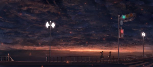 Anime picture 1620x720 with original bounin long hair short hair black hair wide image multiple girls sky cloud (clouds) evening horizon landscape scenic girl thighhighs black thighhighs 2 girls fence road lamppost