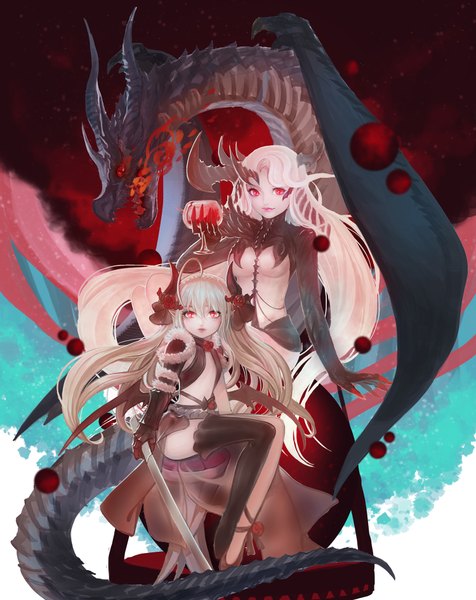 Anime picture 1500x1890 with original pixiv fantasia pixiv fantasia fallen kings quaanqin long hair tall image breasts light erotic red eyes multiple girls white hair horn (horns) fantasy girl thighhighs weapon black thighhighs 2 girls sword blood