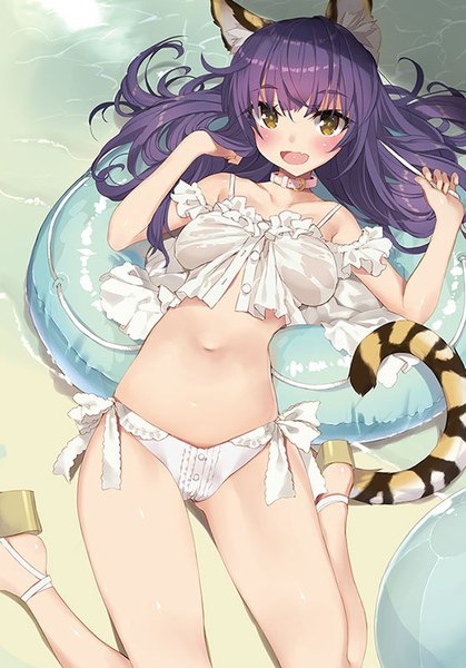 Anime picture 559x800 with comic toranoana tsurusaki takahiro single long hair tall image looking at viewer blush open mouth light erotic animal ears yellow eyes purple hair tail :d animal tail beach tiger ears tiger tail tiger girl girl