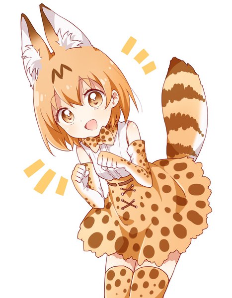 Anime picture 1174x1507 with kemono friends serval (kemono friends) namori single tall image looking at viewer blush fringe short hair breasts open mouth simple background blonde hair smile hair between eyes white background bare shoulders brown eyes animal ears tail