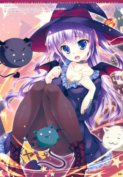 Anime picture 2378x3407 with mikeou single long hair tall image blush highres open mouth blue eyes light erotic purple hair tail scan witch girl dress hat pantyhose wings boots black pantyhose