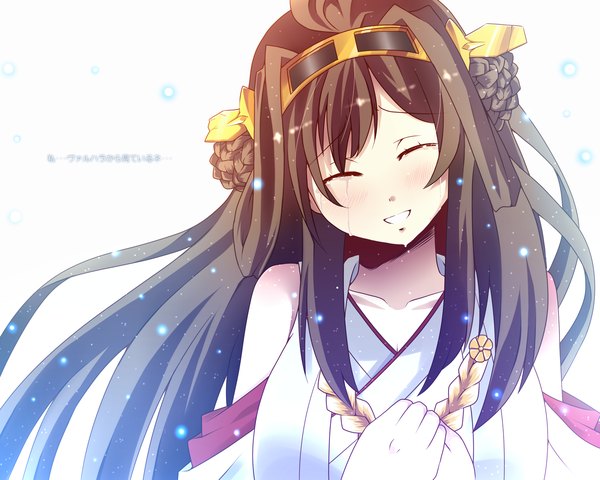 Anime picture 1500x1200 with kantai collection kongou battleship amazon (taitaitaira) single long hair blush black hair smile white background bare shoulders eyes closed tears nontraditional miko girl hair ornament detached sleeves hairband