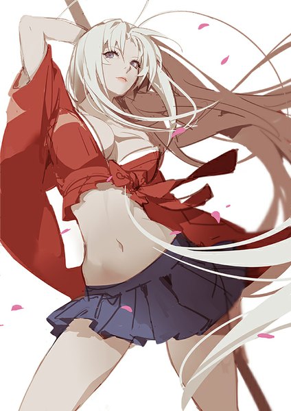 Anime picture 566x800 with tenjou tenge natsume maya ask (askzy) single tall image breasts light erotic blonde hair large breasts white background purple eyes bare shoulders looking away ahoge very long hair pleated skirt lips midriff looking up girl