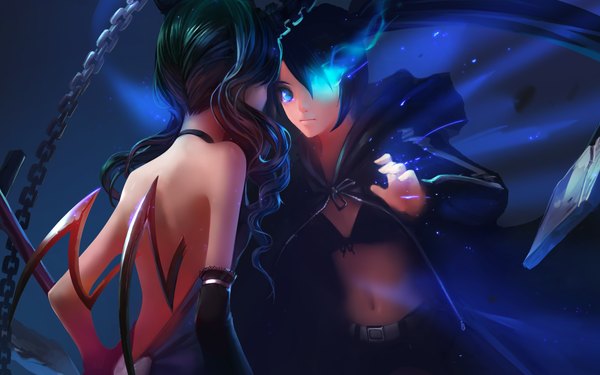 Anime picture 1280x800 with black rock shooter black rock shooter (character) dead master chenbo long hair blue eyes wide image twintails bare shoulders multiple girls blue hair green hair from behind back magic glowing wavy hair glowing eye (eyes) girl navel
