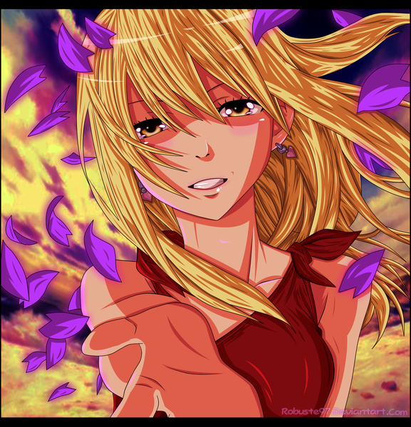 Anime picture 1800x1871 with fairy tail lucy heartfilia robuste97 single long hair tall image highres blonde hair smile yellow eyes sky cloud (clouds) coloring portrait girl dress earrings petals red dress