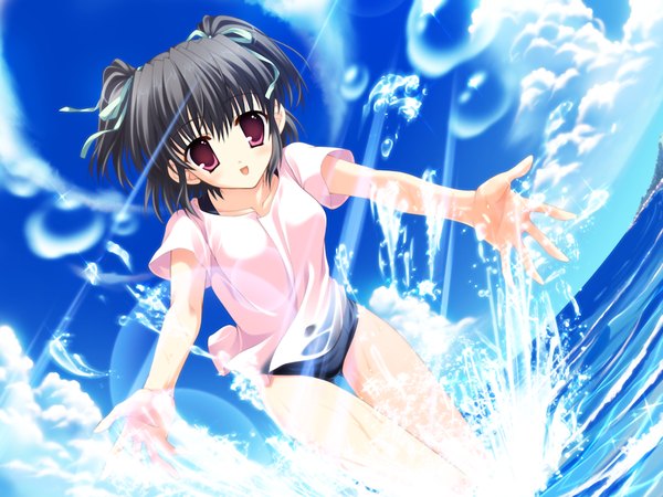 Anime picture 1200x900 with clear yukino natsuki single short hair black hair red eyes game cg sky cloud (clouds) two side up girl ribbon (ribbons) hair ribbon sea t-shirt splashes