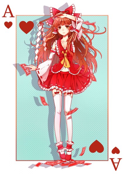 Anime picture 2598x3673 with touhou hakurei reimu tanotomoe single long hair tall image looking at viewer highres brown hair brown eyes traditional clothes wavy hair card (medium) miko girl skirt bow hair bow detached sleeves frills