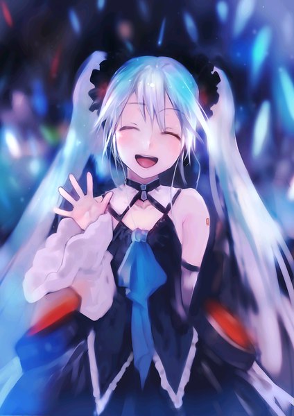 Anime picture 1000x1415 with vocaloid hatsune miku bob (biyonbiyon) single tall image fringe open mouth smile twintails bare shoulders blue hair eyes closed very long hair :d blurry wide sleeves tattoo happy ^ ^ arm behind back