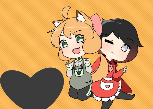 Anime picture 2920x2080 with rwby rooster teeth ruby rose penny polendina pocket penny looking at viewer highres short hair open mouth black hair simple background multiple girls green eyes animal ears ahoge tail :d animal tail one eye closed orange hair