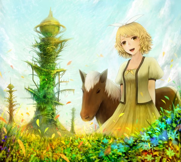 Anime picture 1800x1611 with vocaloid kagamine rin bounin highres short hair open mouth blonde hair yellow eyes sky cloud (clouds) girl hair ornament flower (flowers) plant (plants) bobby pin horse