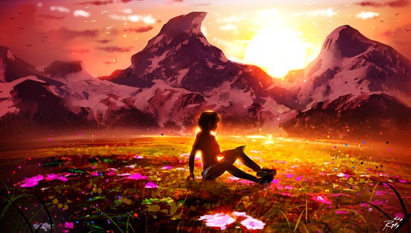Anime picture 1533x872 with original ryky single short hair wide image sitting signed sky cloud (clouds) full body profile sunlight short sleeves evening mountain landscape scenic silhouette dust field
