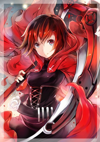 Anime picture 800x1131 with rwby rooster teeth ruby rose umagenzin single tall image looking at viewer fringe short hair smile hair between eyes red hair border silver eyes weapon over shoulder girl weapon petals scythe
