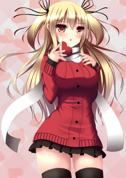Anime picture 1032x1457 with original nyarumi single long hair tall image blush open mouth blonde hair red eyes twintails zettai ryouiki short twintails valentine girl thighhighs ribbon (ribbons) black thighhighs hair ribbon heart scarf