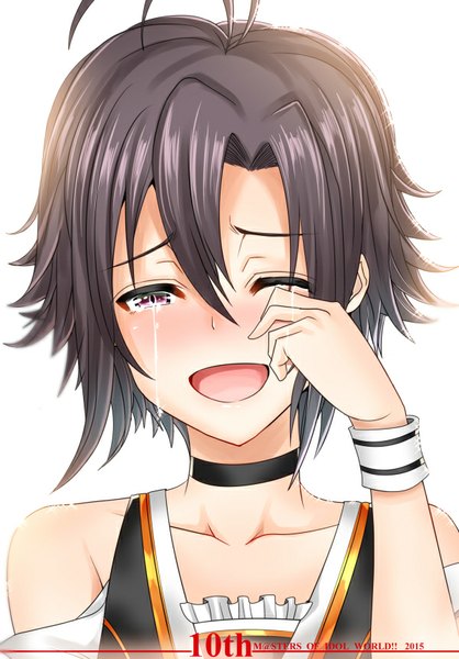 Anime picture 600x860 with idolmaster kikuchi makoto inu (marukome) single tall image blush short hair open mouth black hair simple background smile white background one eye closed pink eyes crying girl teardrop