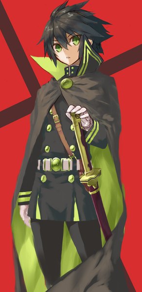 Anime picture 487x1000 with owari no seraph wit studio hyakuya yuuichirou goekawa single tall image fringe short hair black hair simple background hair between eyes standing green eyes looking away long sleeves parted lips red background spiked hair boy gloves