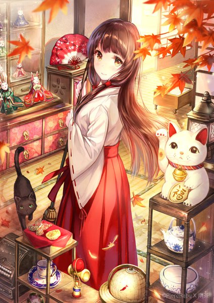 Anime picture 800x1133 with original pierorabu long hair tall image looking at viewer smile brown hair holding brown eyes signed traditional clothes japanese clothes pleated skirt looking back from above wide sleeves watermark miko girl skirt