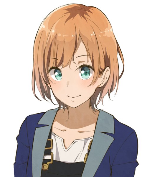 Anime picture 1200x1442 with shirobako p.a. works miyamori aoi haine single tall image blush fringe short hair simple background smile white background looking away aqua eyes from above orange hair portrait girl