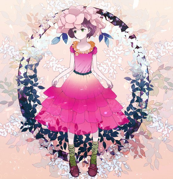 Anime picture 1250x1292 with original felt (lidsan) single tall image short hair smile green eyes purple hair girl dress flower (flowers) leaf (leaves) wreath