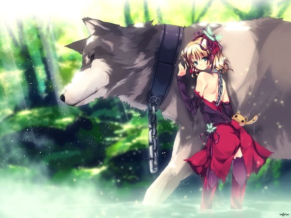 Anime picture 1600x1200 with refeia blue eyes brown hair girl chain wolf