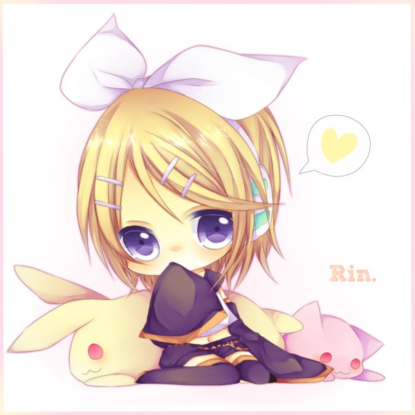Anime picture 1000x1000 with vocaloid kagamine rin kanataww single looking at viewer short hair blonde hair sitting purple eyes character names wariza chibi girl hair ornament bow hair bow heart hairclip headphones speech bubble