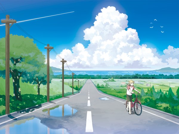 Anime picture 1536x1152 with vocaloid kagamine len amemura single short hair open mouth blue eyes blonde hair sky cloud (clouds) landscape boy plant (plants) hat animal tree (trees) water shorts sea bird (birds)