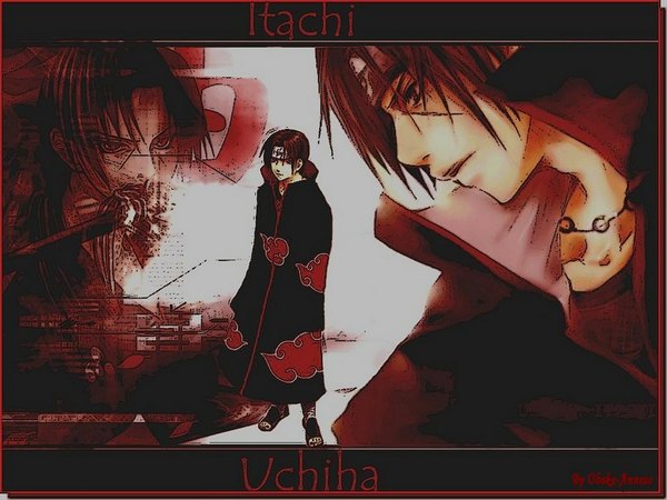 Anime picture 1024x768 with naruto studio pierrot naruto (series) uchiha itachi long hair looking at viewer brown hair standing signed looking away upper body parted lips profile character names multiview akatsuki boy cloak necklace forehead protector