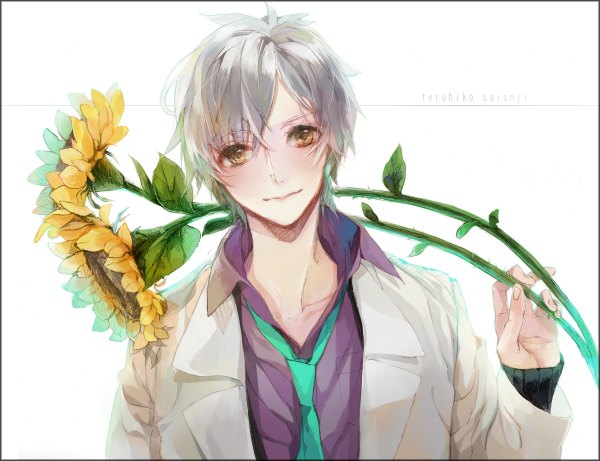 Anime picture 1200x922 with gakuen handsome teruhiko saionji ff14kate single looking at viewer blush short hair simple background smile white background yellow eyes white hair open collar boy shirt necktie suit sunflower