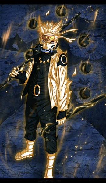 Anime picture 1045x1800 with naruto studio pierrot naruto (series) uzumaki naruto wershe single tall image short hair blonde hair holding yellow eyes tattoo coloring mouth hold magic facial mark dual wielding jinchuriki boy weapon