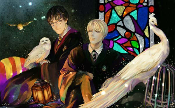 Anime picture 1500x928 with harry potter harry potter (character) draco malfoy aprilis420 (artist) short hair blue eyes blonde hair brown hair wide image sitting green eyes light smile realistic multiple boys couple boy uniform school uniform animal shirt