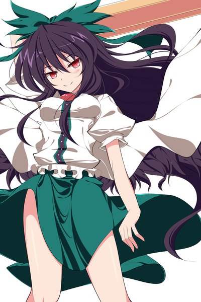 Anime picture 1000x1500 with touhou reiuji utsuho isa single long hair tall image looking at viewer blush black hair simple background smile red eyes white background arm cannon girl skirt bow weapon hair bow green skirt