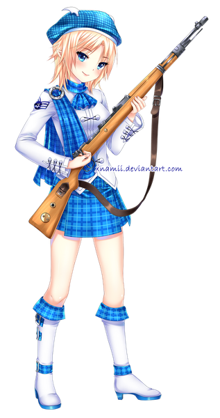 Anime picture 677x1280 with nami (nyaa) single tall image looking at viewer blush fringe short hair blue eyes blonde hair smile holding full body transparent background girl weapon shoes headdress gun clothes