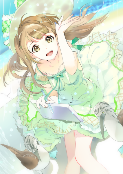 Anime picture 850x1200 with love live! school idol project sunrise (studio) love live! minami kotori 119 single long hair tall image looking at viewer fringe open mouth brown hair sitting bare shoulders brown eyes sunlight sleeveless knees touching girl dress