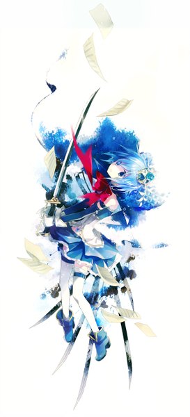 Anime picture 600x1314 with mahou shoujo madoka magica shaft (studio) miki sayaka hajida (artist) single tall image short hair blue eyes simple background white background bare shoulders blue hair looking up girl thighhighs gloves weapon detached sleeves white thighhighs sword