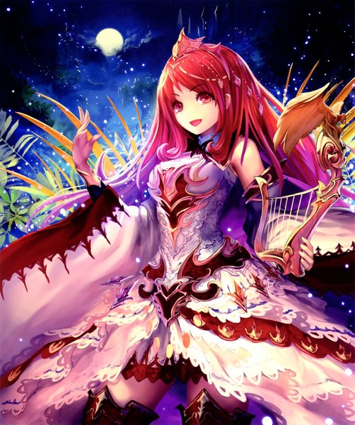 Anime picture 1836x2194 with shingeki no bahamut tachikawa mushimaro (bimo) single long hair tall image fringe highres open mouth smile red eyes standing holding pink hair cloud (clouds) outdoors red hair :d multicolored hair wind scan