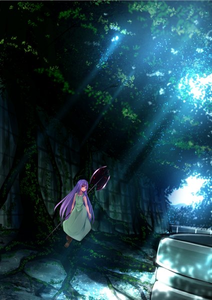 Anime picture 707x1000 with original haru (ryosios) ryosios single long hair tall image looking at viewer blush open mouth bare shoulders purple hair sunlight heterochromia walking ruins overgrown girl dress weapon plant (plants)