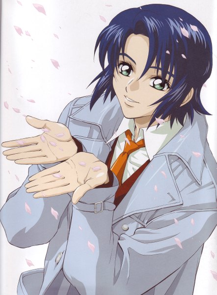 Anime picture 1841x2500 with mobile suit gundam gundam seed sunrise (studio) athrun zala tall image highres short hair smile white background green eyes blue hair boy petals necktie