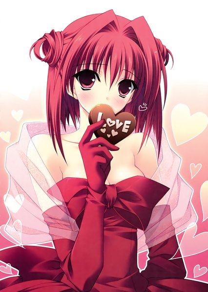 Anime picture 2130x3000 with r.g.b! shiki asahi suzuhira hiro tall image blush highres short hair red eyes red hair scan valentine girl dress gloves elbow gloves food sweets chocolate