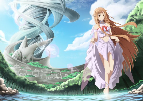 Anime picture 4092x2893 with sword art online a-1 pictures yuuki asuna titania (alo) brianchan.t.w single long hair looking at viewer highres smile brown hair brown eyes absurdres sky cloud (clouds) pointy ears sunlight city sunbeam girl