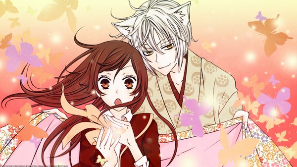 Anime picture 1600x900 with kamisama hajimemashita tomoe (kamisama hajimemashita) momozono nanami singlemoon long hair short hair open mouth brown hair wide image brown eyes yellow eyes white hair traditional clothes japanese clothes wallpaper couple fox ears girl boy kimono