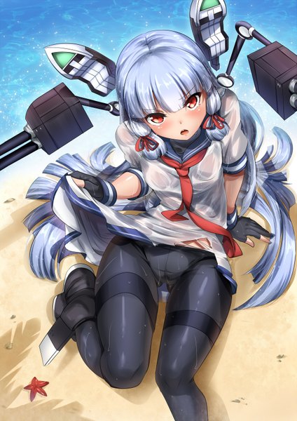 Anime picture 1131x1600 with kantai collection murakumo destroyer umakatsuhai single long hair tall image looking at viewer blush light erotic red eyes sitting silver hair from above embarrassed beach looking up wet clothes tress ribbon girl gloves